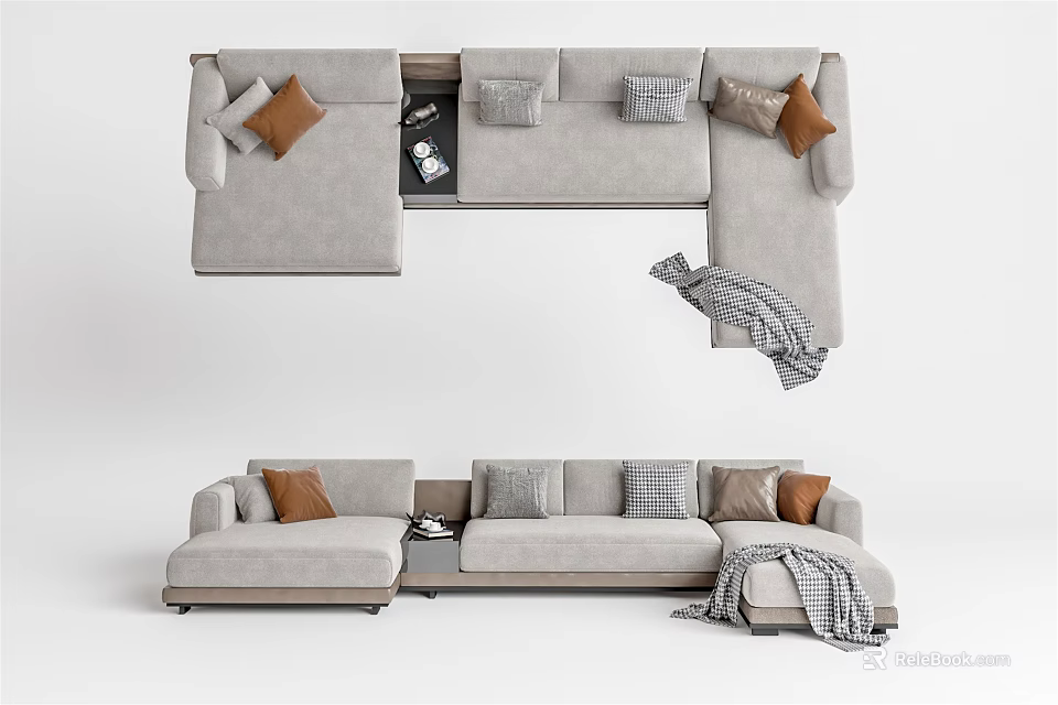 Light Gray Sectional Sofa Featuring Brown Checkered Cushions and Gray Throw Blanket 3d model