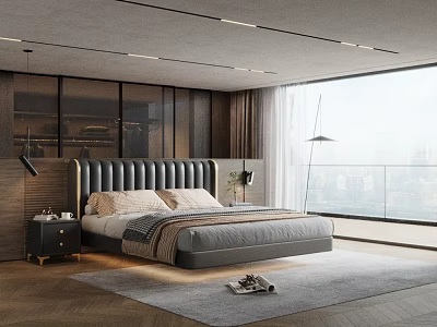 Modern Bedroom Interior With Dark Upholstered Headboard Large Window City View And Soft Rug 3d model