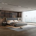 Modern Bedroom Interior With Dark Upholstered Headboard Large Window City View And Soft Rug