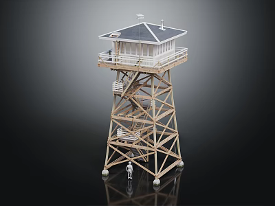 Wooden Watchtower Structure With Staircase Roofed Top Cabin Supportive Framework And Small Human Figure Beside 3d model