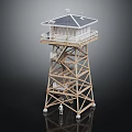 Wooden Watchtower Structure With Staircase Roofed Top Cabin Supportive Framework And Small Human Figure Beside