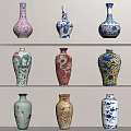 Ceramic Vases With Various Colors And Intricate Patterns Displayed On Shelves 3d model