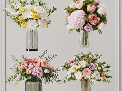 Decorative Flower Arrangements In Various Vases With Pink Yellow And White Blooms 3d model