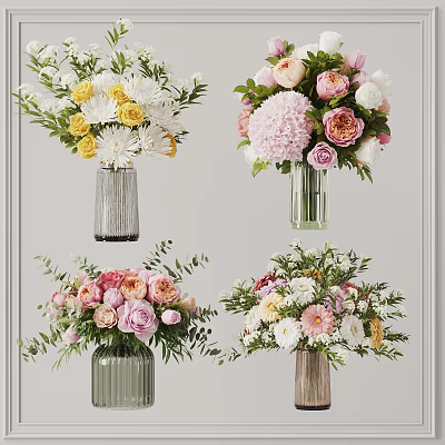 Decorative Flower Arrangements In Various Vases With Pink Yellow And White Blooms 3d model