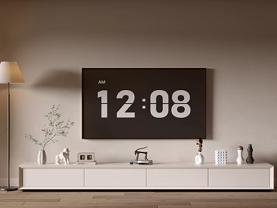 White Modern TV Stand with Decorative Ornaments Photo Frame and Vase Under Wall Mounted TV 3d model