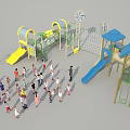 Outdoor Children's Playground Equipment With Blue Yellow Slides Windmill And Kids Playing