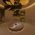 Japanese Style Teahouse Courtyard Night View With Wooden Structure Red Maple Tree And Stone Path