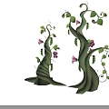 Green Curly Vines With Pink Flowers Pea Pods And Lush Green Leaves