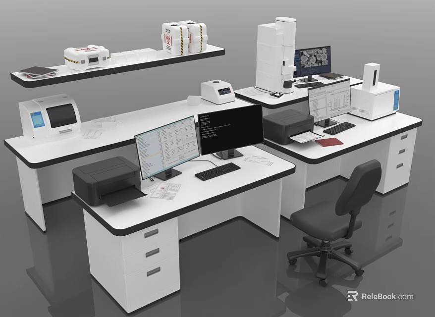 Modern Office Desk Setup With Dual Monitors Printer Papers Drawers And Ergonomic Chair 3d model 