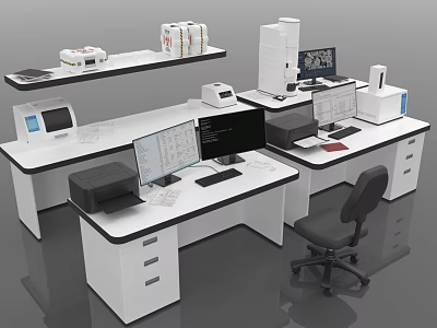 Modern Office Desk Setup With Dual Monitors Printer Papers Drawers And Ergonomic Chair 3d model