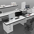 Modern Office Desk Setup With Dual Monitors Printer Papers Drawers And Ergonomic Chair