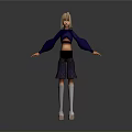 Blonde Woman in Blue Cropped Top Black Shorts with Purple Patterns White Socks Gray Background