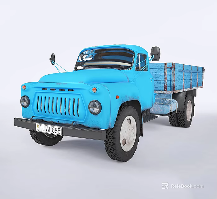 Blue Vintage Utility Truck With Wooden Cargo Bed 3d model 