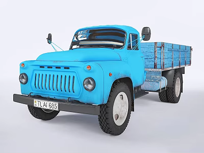 Blue Vintage Utility Truck With Wooden Cargo Bed 3d model