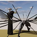 Mysterious Game Movie Character Wearing Black Robe And Hat With Mechanical Wings And Kneeling Figure