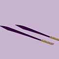 Two Curved Weapons Featuring Purple Blades Wooden Handles and Metal Rivets