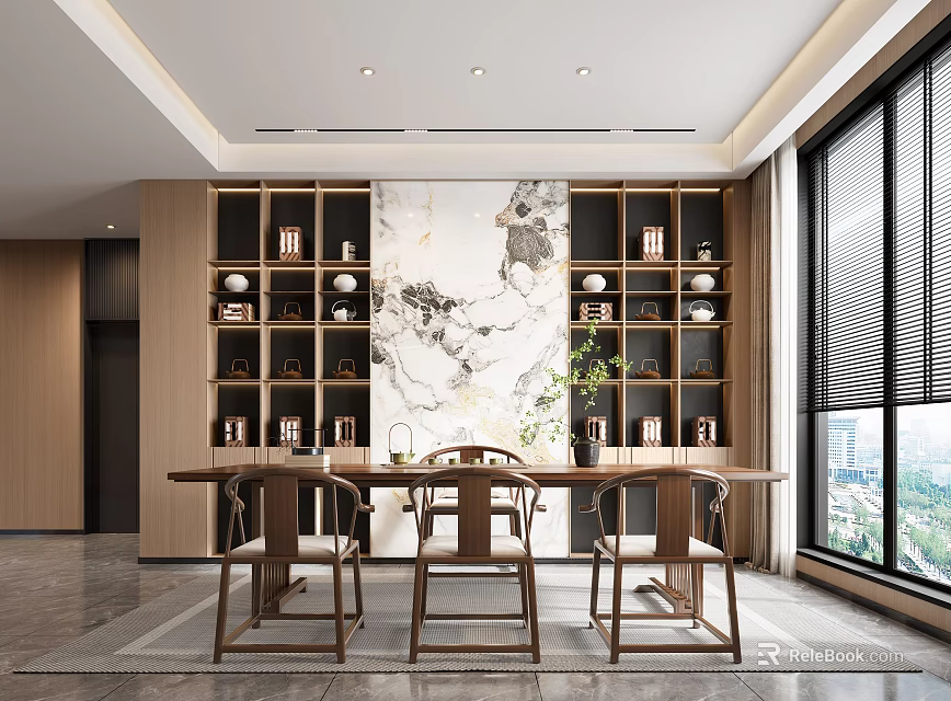Traditional Tea Room Interior Design With Wooden Table Chairs And Tea Set Display Shelves 3d model 