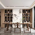 Traditional Tea Room Interior Design With Wooden Table Chairs And Tea Set Display Shelves