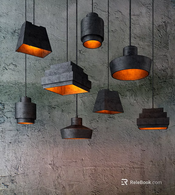 Black Chandeliers in Various Shapes with Orange Lighting Against Rough Gray Wall Background 3d model 