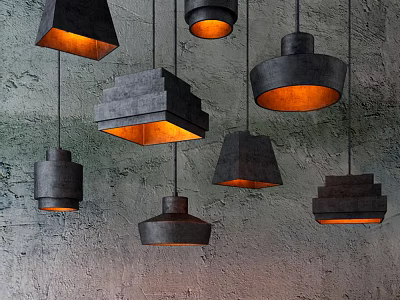 Black Chandeliers in Various Shapes with Orange Lighting Against Rough Gray Wall Background 3d model