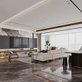 Modern Living and Dining Room Interior with Marble Dining Table Chairs Cabinets and Lighting