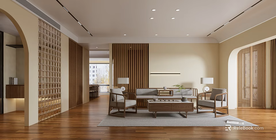 Warm Modern Living and Dining Room With Wooden Lattice Partition Sofa and Coffee Table 3d model 