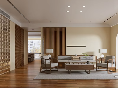 Warm Modern Living and Dining Room With Wooden Lattice Partition Sofa and Coffee Table 3d model