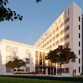 Modern Hospital Building Exterior with Red Cross Sign Surrounded by Green Trees and Road