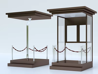 Brown Security Booths With Transparent Glass Walls Canopy Roof And Red Rope Barriers 3d model