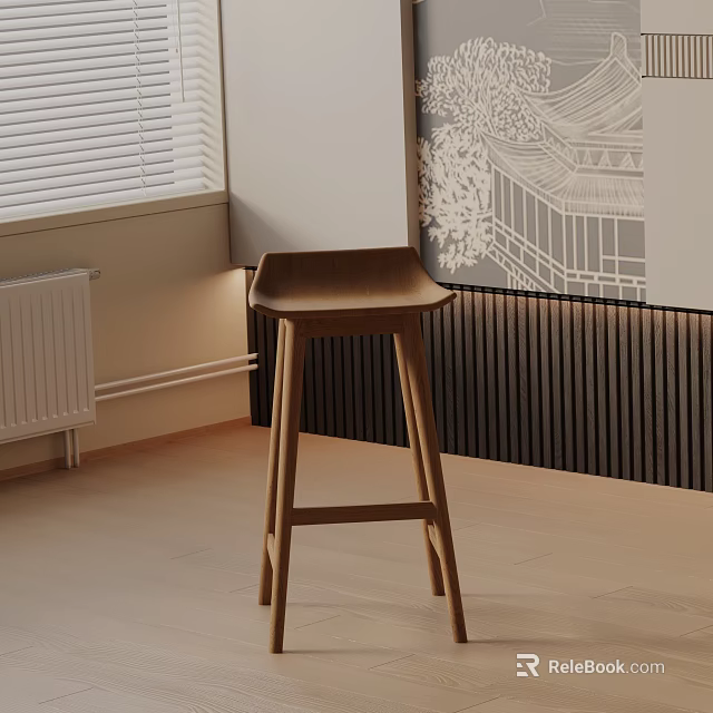 Modern Wooden Bar Stool In Minimalist Interior With Window And Wall Artwork 3d model 