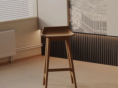 Modern Wooden Bar Stool In Minimalist Interior With Window And Wall Artwork 3d model