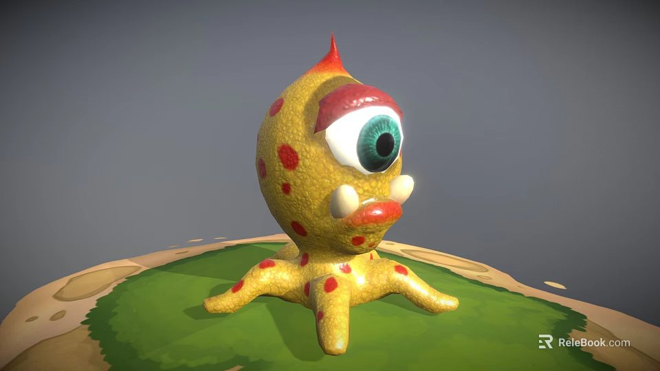 Yellow Spotted Monster With Single Green Eye Red Spiked Top Octopus Tentacles On Green Grass 3d model 