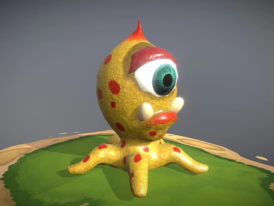 Yellow Spotted Monster With Single Green Eye Red Spiked Top Octopus Tentacles On Green Grass 3d model