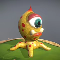 Yellow Spotted Monster With Single Green Eye Red Spiked Top Octopus Tentacles On Green Grass