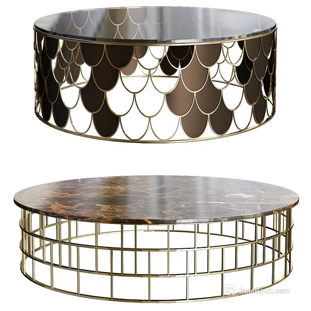 Elegant Modern Round Coffee Table With Marble Top And Metal Grid Base Design 3d model 