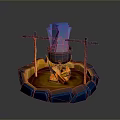 Traditional Outdoor Cooking Pot With Hanging Wooden Frame And Stone Base Over Fire