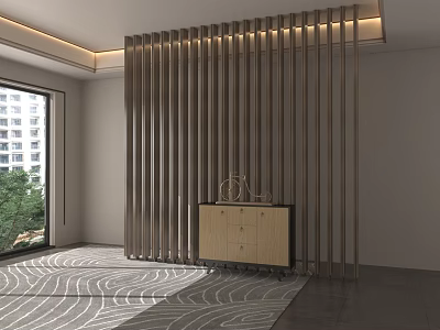 Modern Specialty Store Interior With Wooden Slat Partition Display Cabinet And Area Rug 3d model