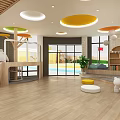 Sunlit Kindergarten Interior Featuring Wooden Floor Bookshelf Green Plants And Colorful Decorations