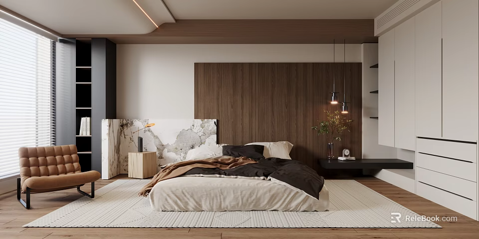 Modern Bedroom Interior Design With Wooden Wall Panel Marble Headboard And Hanging Pendant Lights 3d model 