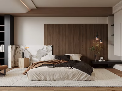 Modern Bedroom Interior Design With Wooden Wall Panel Marble Headboard And Hanging Pendant Lights 3d model