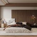 Modern Bedroom Interior Design With Wooden Wall Panel Marble Headboard And Hanging Pendant Lights