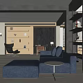 Modern Living Room Interior With Blue Sofa Ottoman Round Coffee Table And Wooden Shelves