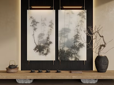 Zen Style Botanical Paintings In Two Panel With Tea Set And Dried Branches Vase 3d model