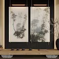 Zen Style Botanical Paintings In Two Panel With Tea Set And Dried Branches Vase