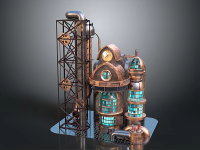 Cartoon Scene Featuring Steampunk Building With Tower Pipes Gears Clock And Glass Windows 3d model