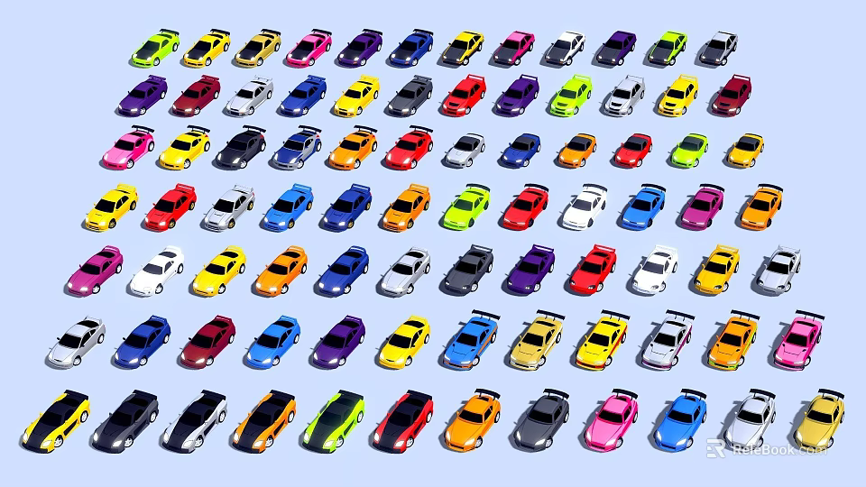 Colorful Mini Toy Cars In Various Colors Arranged Neatly On White Surface 3d model 