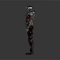 Futuristic Game Movie Character With Mechanical Armor Red Black Details And Complex Tech Structure
