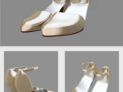 Chic Beige Satin Square Toe Sandals With Ankle Strap And Low Heel Design 3d model
