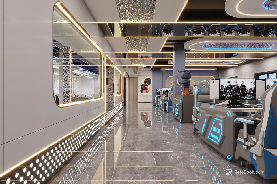 Modern Internet Cafe Interior With High Tech Gaming Equipment And Lighting 3d model 