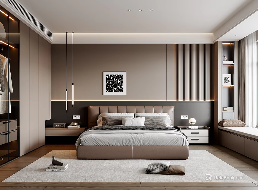 Modern Bedroom Interior With Bed Pillows Wall Art Pendant Lights Wardrobe And Area Rug 3d model 
